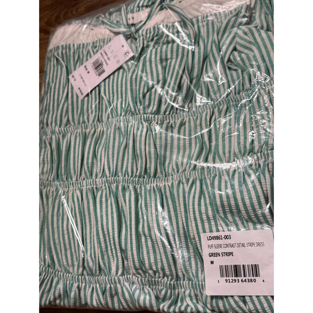 NWT! Lush Shirred Puff Sleeve Maxi Dress in Green Stripe Size Medium - Picture 3 of 6
